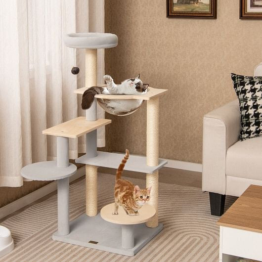Modern Cat Tree 44 Inch Multi-level Cat Tower with Removable Padded Top Perch-Natural-0