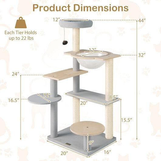 Modern Cat Tree 44 Inch Multi-level Cat Tower with Removable Padded Top Perch-Natural-3